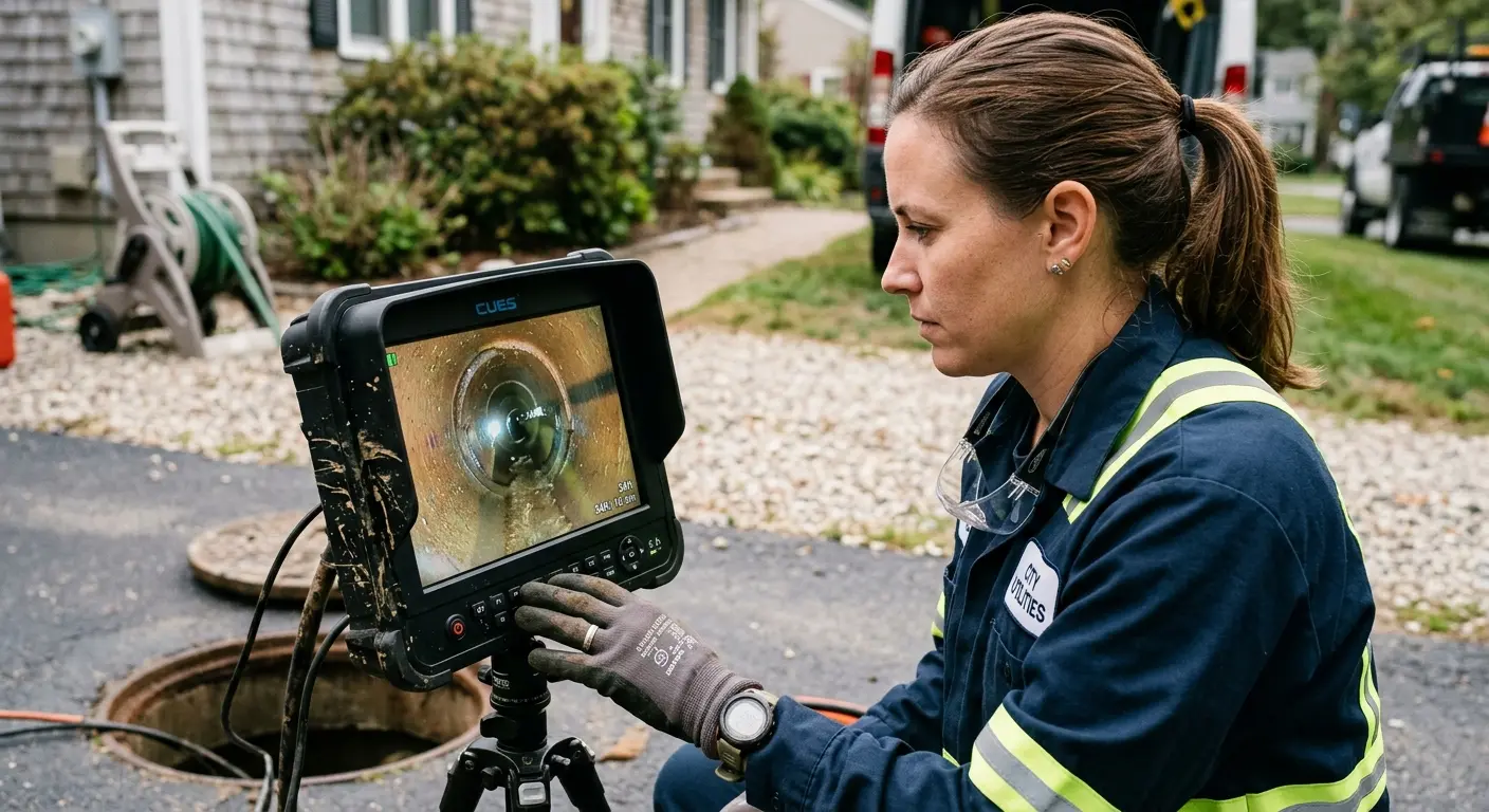 Technician reviewing sewer camera inspection footage in Woodlawn