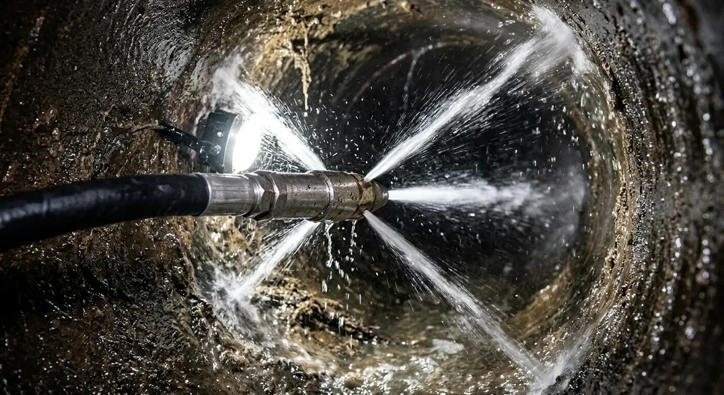 High-pressure hydro jetting nozzle cleaning sewer pipe for Storm Drain Cleaning in Woodlawn