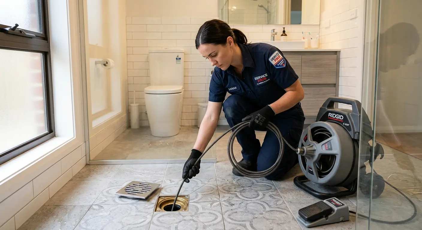 Technician clearing a bathroom floor drain for Hydro Jetting in Woodlawn